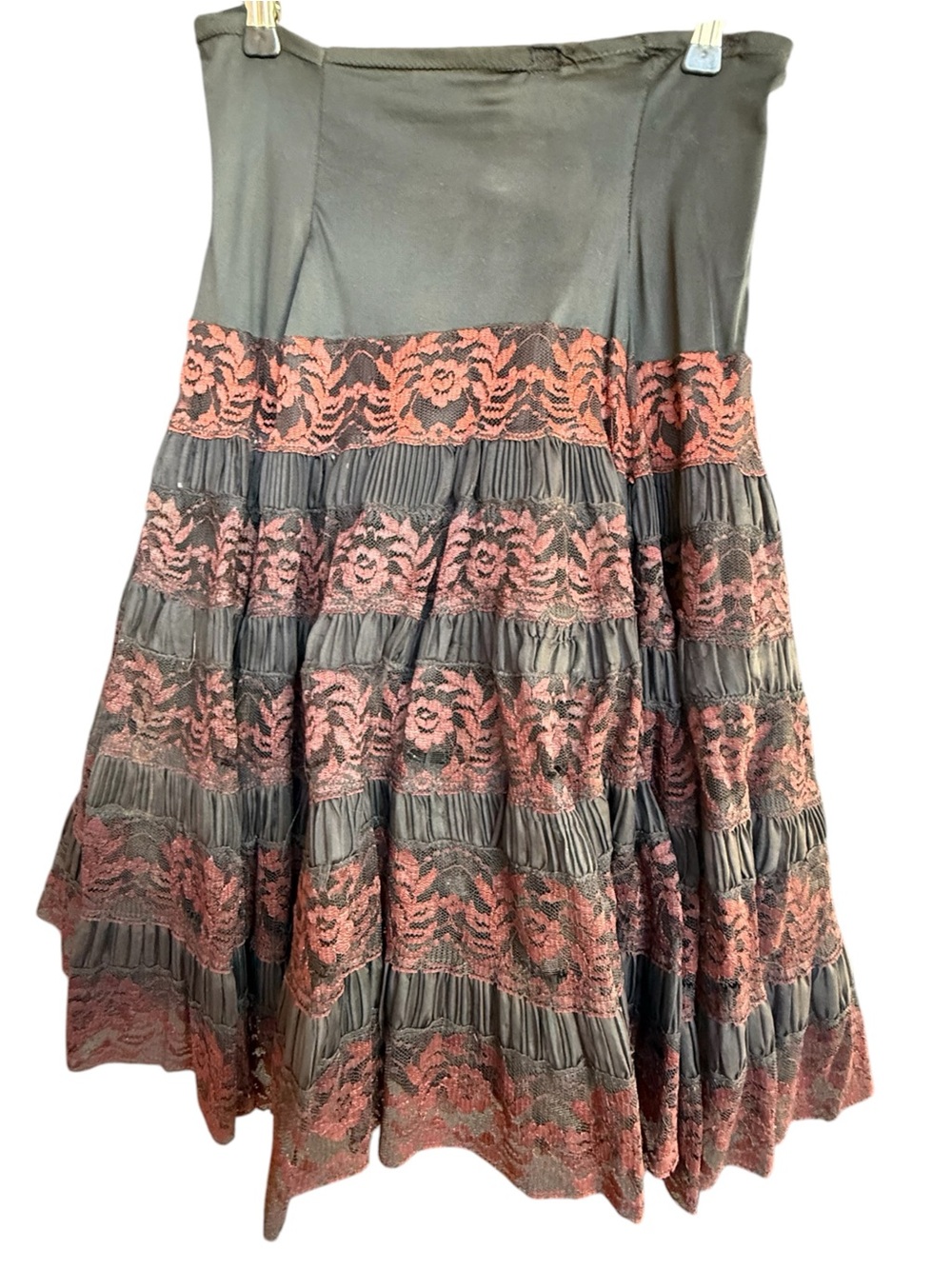 Very Vintage Black and red Lace Tiered Midi Skirt / under skirt slip.